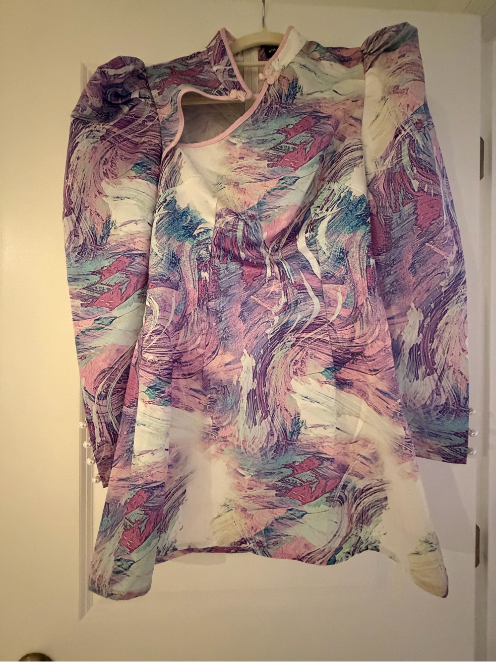 SHEIN Pastel Swirl Puff-Sleeve Blouse in Lavender, Mint & Pink